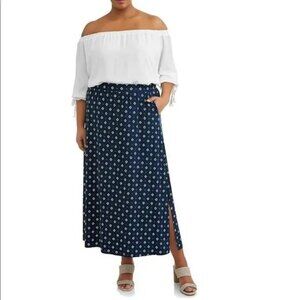 TERRA & SKY WOMEN'S NAVY/WHITE 2 SIDE SLIT MAXI SKIRT W/POCKETS 0X (14W)-EUC